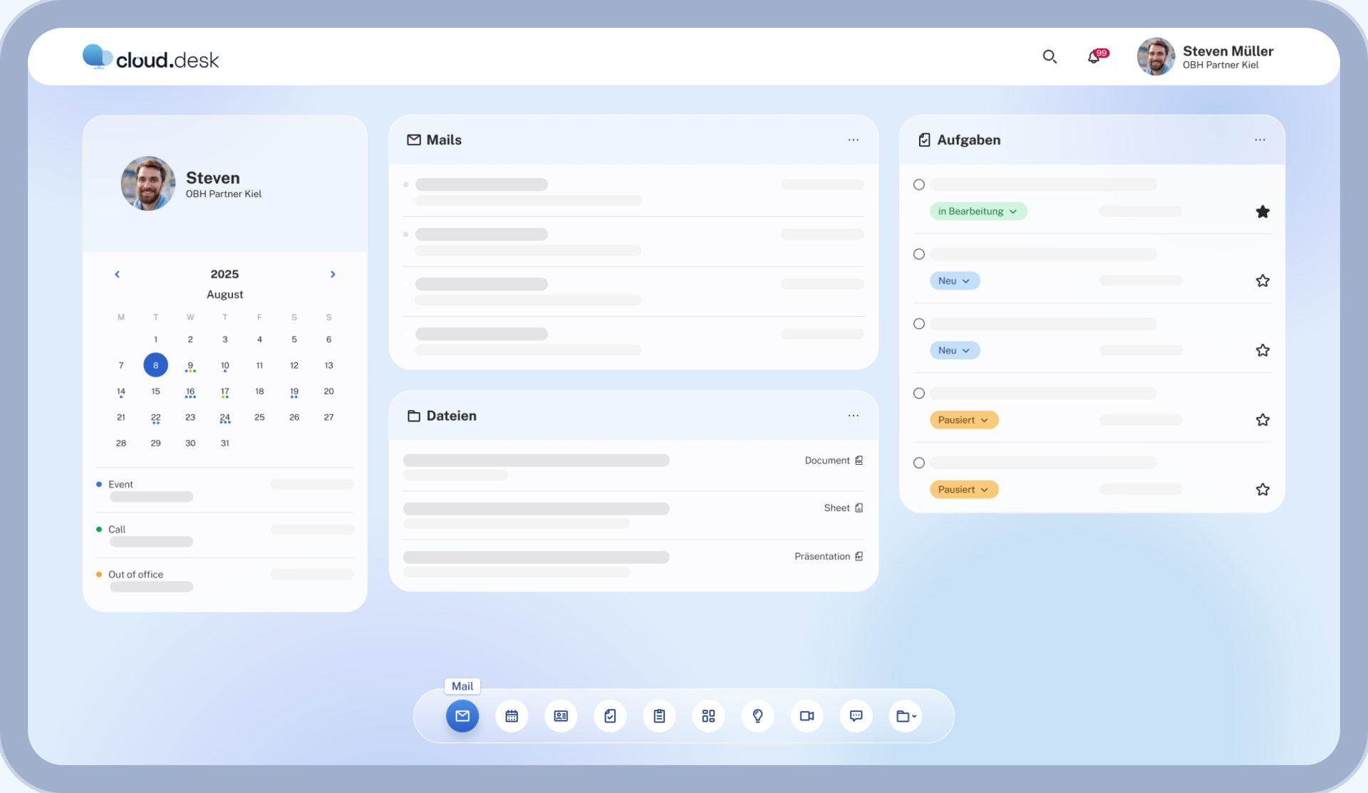 my.cloud.desk — Dashboard mit Kalender, Mails, Aufgaben und Dateien